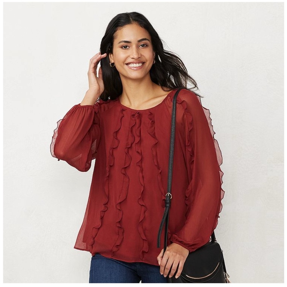 LC Lauren Conrad Ruffle Front Long Sleeve Blouse Rust Red Chiffon Top Medium